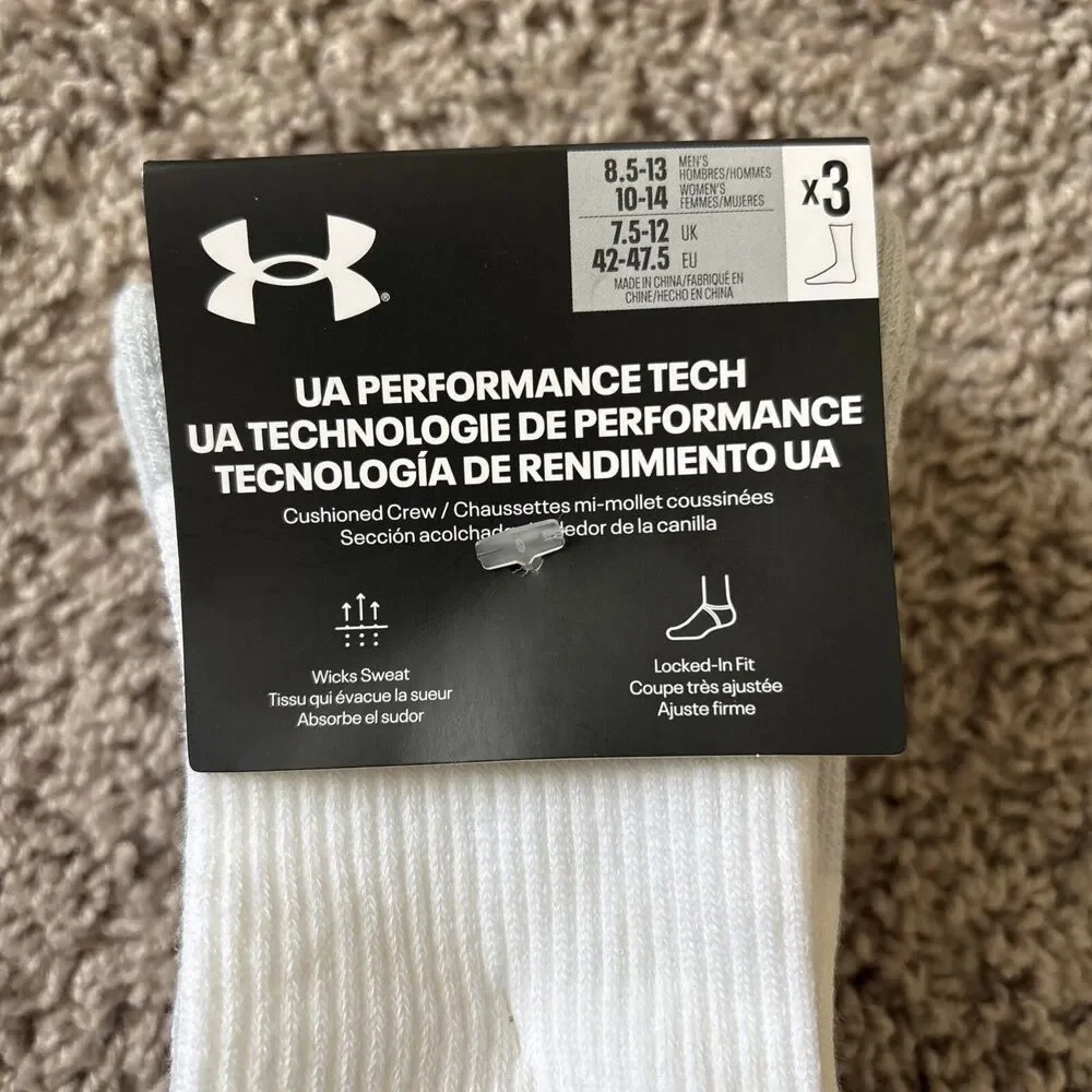 Under Armour 1379515 103 Unisex UA Performance Tech White U Crew Socks 3-Pack